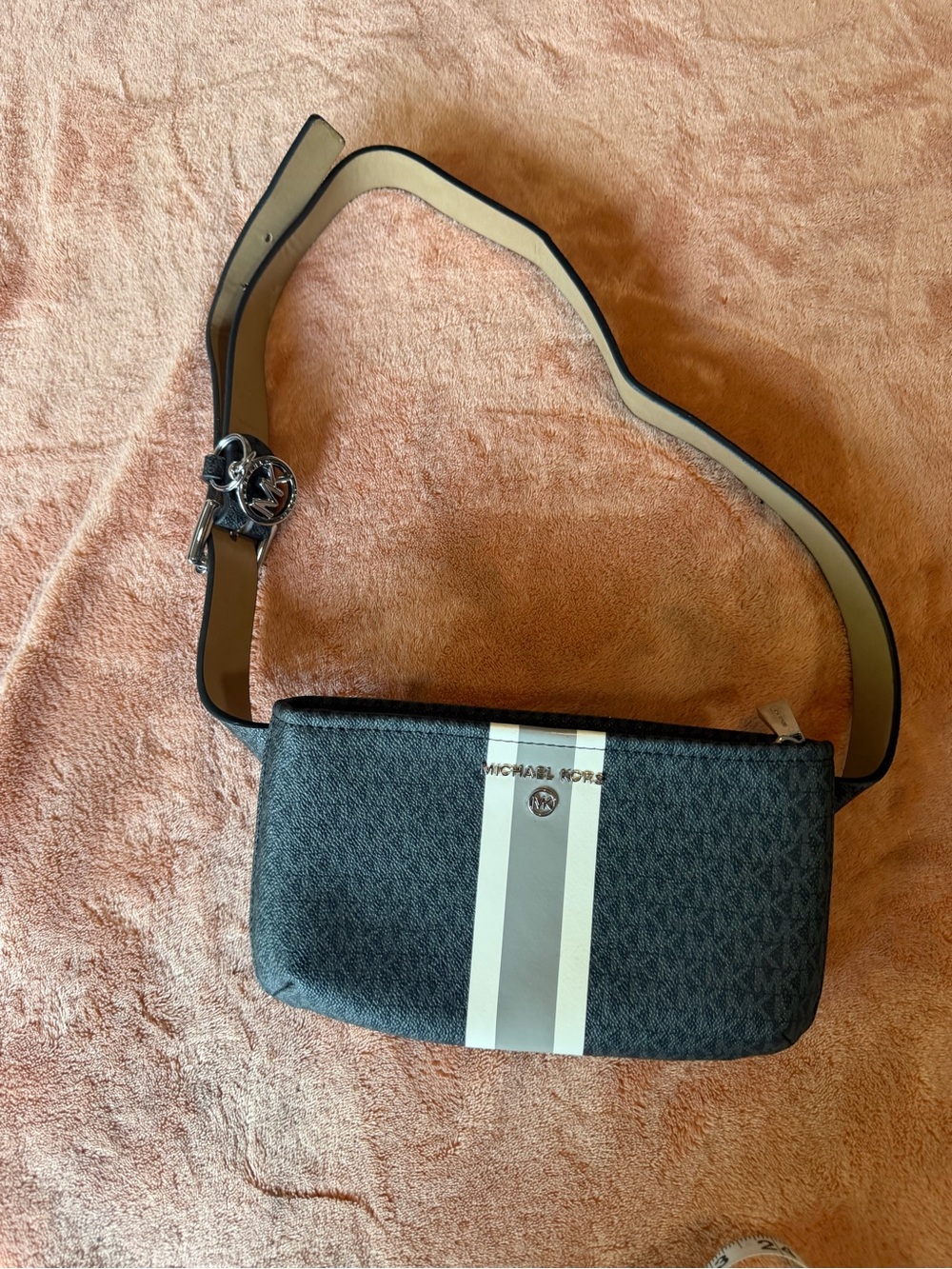 Michael Kors Charcoal Logo Belt Bag with White Racing Stripe